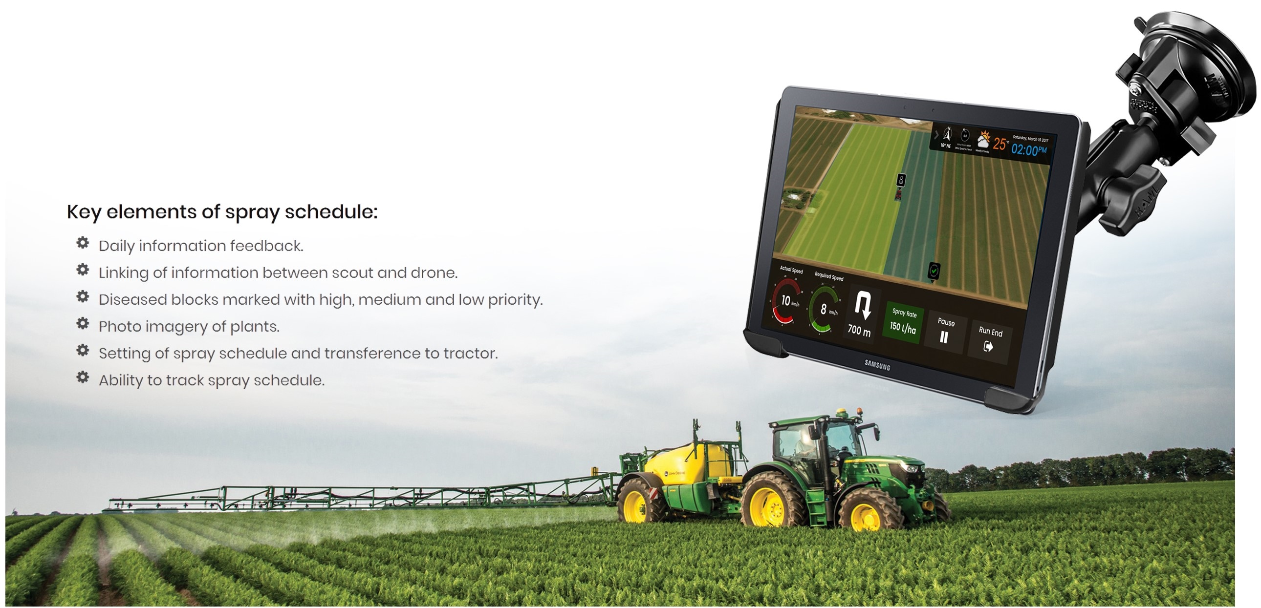 Green tractor with boom spraying field